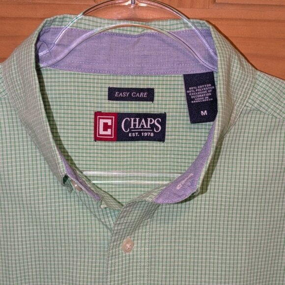 Chaps Easy Care Men's Button Down Shirt Medium Green Plaid Short Sleeve Casual - Picture 3 of 8